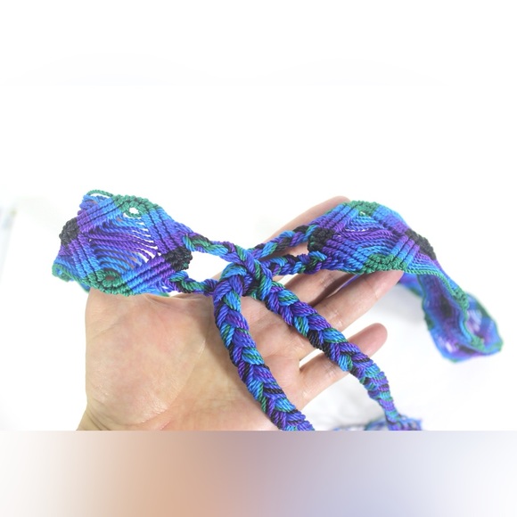 1960’s Psychedelic Hippie Woven Tie Belt Boho Braided Tassels Green Purple Blue - Picture 4 of 7